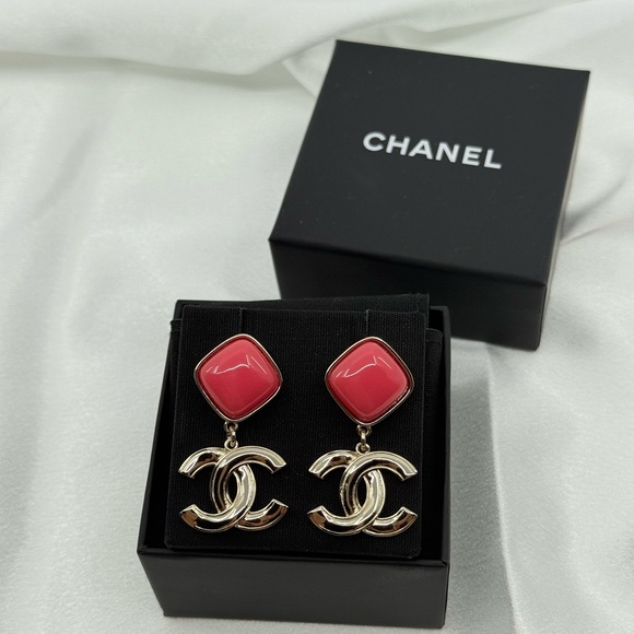 CHANEL Jewelry - Chanel Pink Enamel Gold CC Dangle Statement Earrings